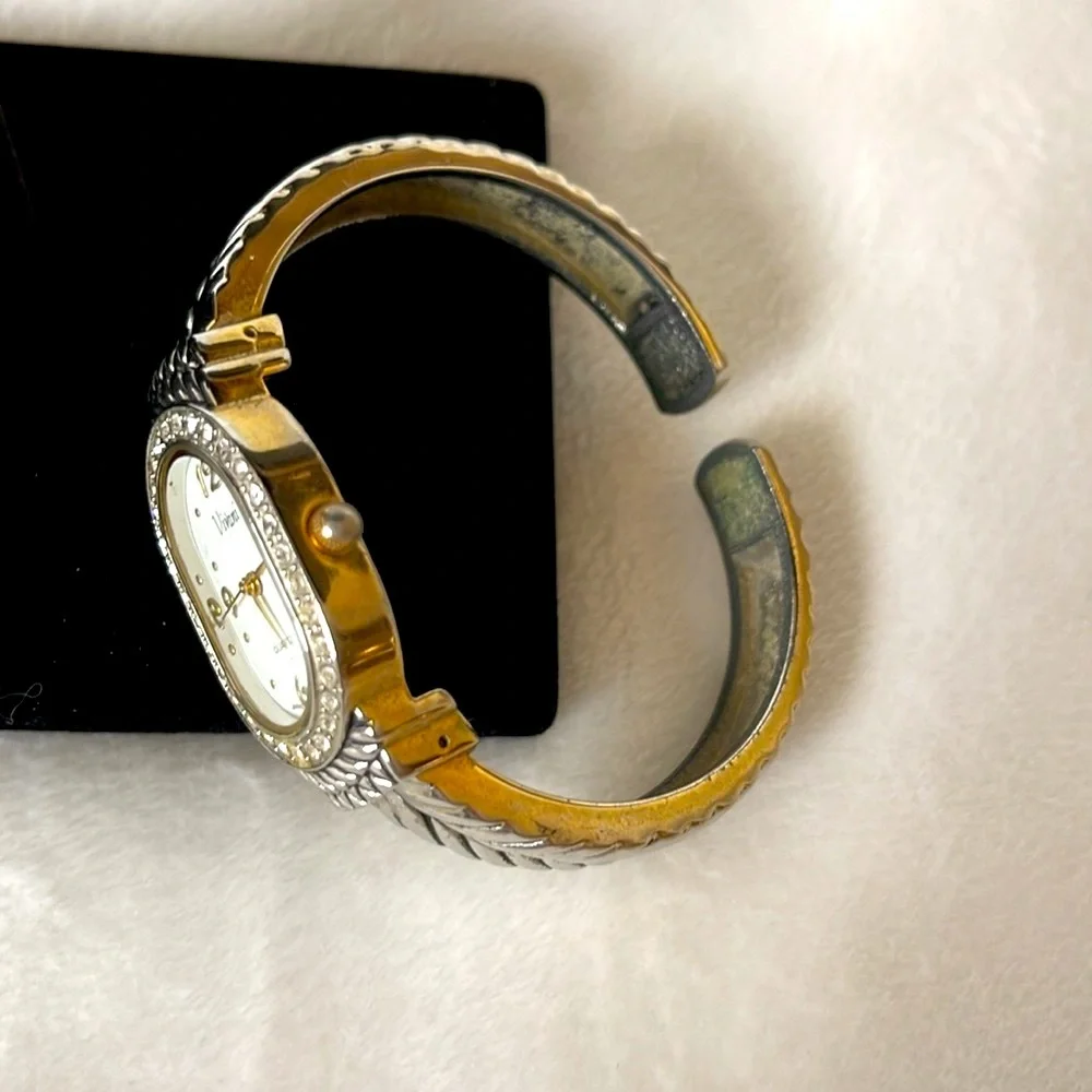 Vintage Bracelet Watch Silver Tone w/Gold Accent and White Crystal